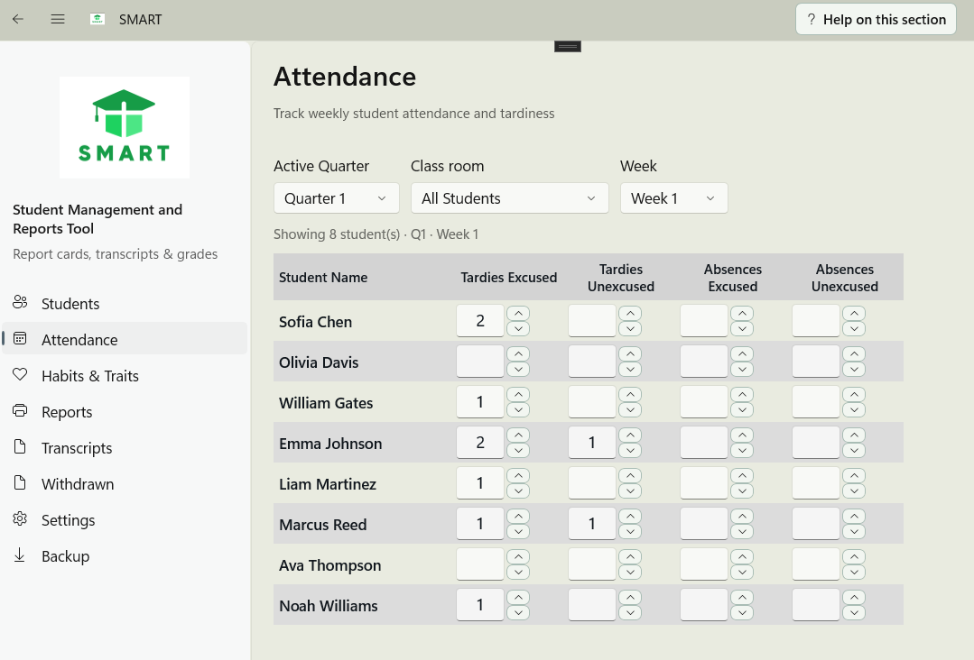 SMART attendance tracking screen