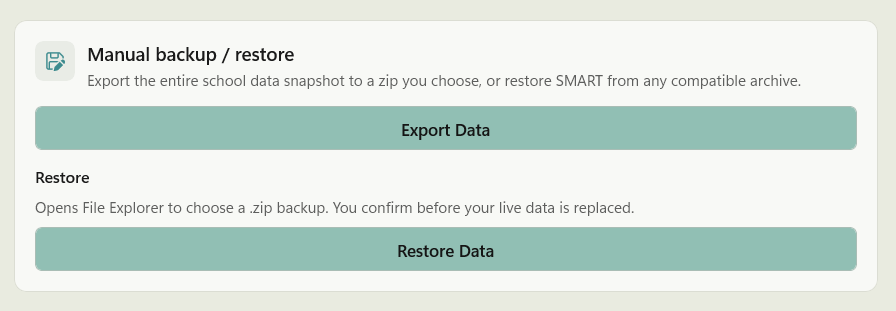 SMART manual backup and restore screen